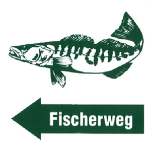 Logo Fischerweg, grüner Fisch, grüner Pfeil