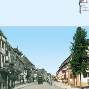Logo Historischer Rundweg Rheinzabern, links historische Ortsansicht, rechts aktuelle Ortsansicht.