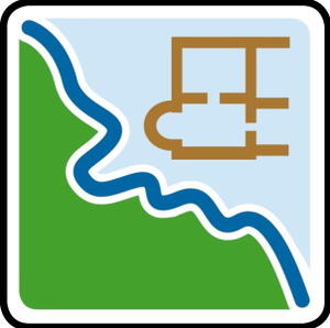 Bild vergrößern: Das Logo des Otterbachbruchwanderweges deutet die Grünfläche und den Bachverlauf an. Rechts oben befindet sich eine stilisierte Zeichnung des Römerbades.