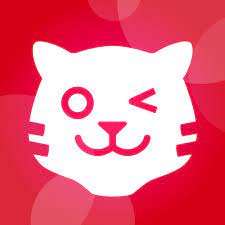 Tigerbooks Logo: stilisiertes Katzengesicht auf pinkem Hintergrund